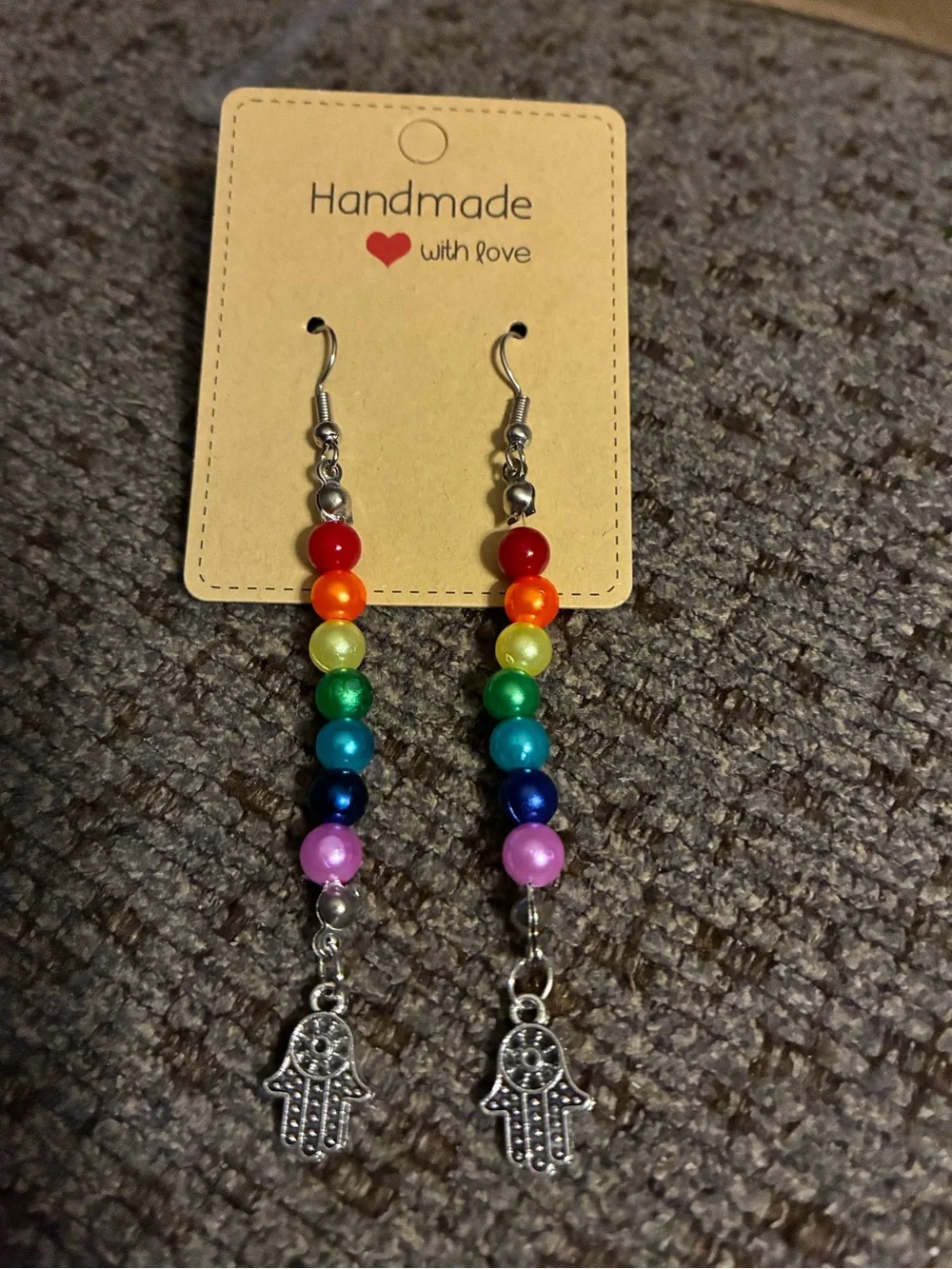 Handmade Rainbow Beaded Hamsa Drop Earrings